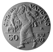 Monetazione Aurea da 50 €, verso di modello in gesso. Committente: Città del Vaticano, 2016.