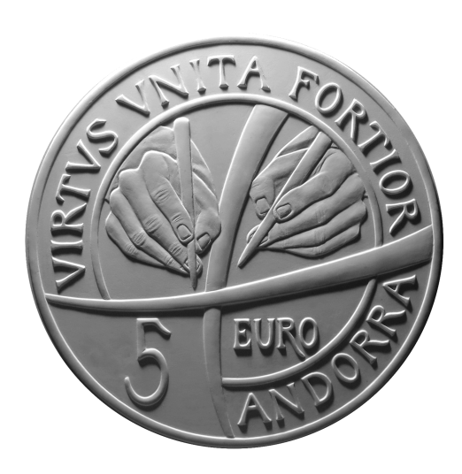 Moneta da 5€, verso di modello in gesso. Committente: Principato D’Andorra, 2017