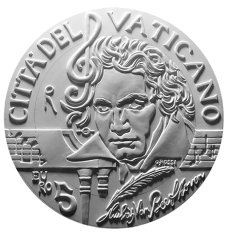 Moneta da 5€ bimetallica, verso di modello in gesso. Committente: Città del Vaticano, 2020